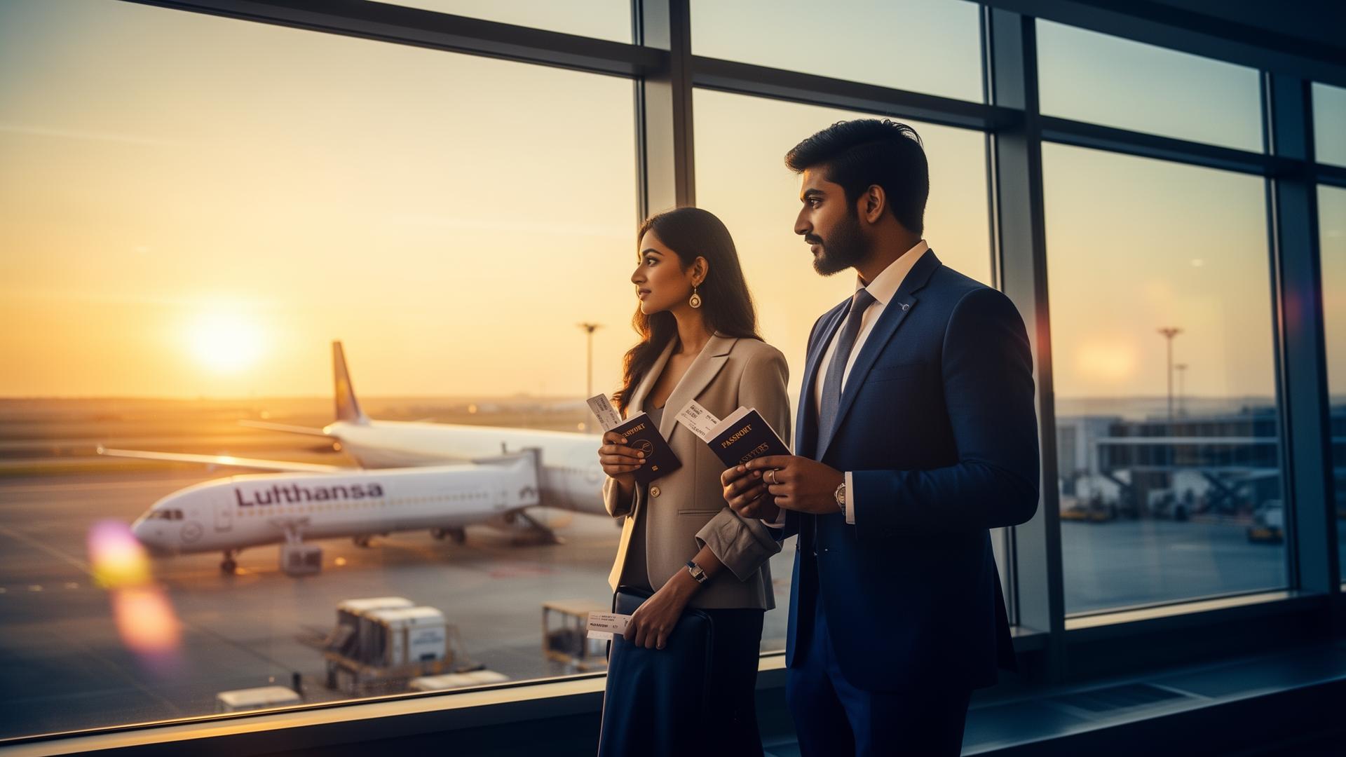 Indian professional couple looking out toward a Lufthansa jet at sunset